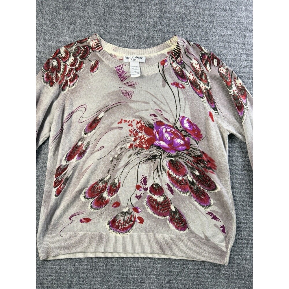 Rebecca Malone Petites PXL Sweater Floral Rhinestone Art to Wear Boho Pullover